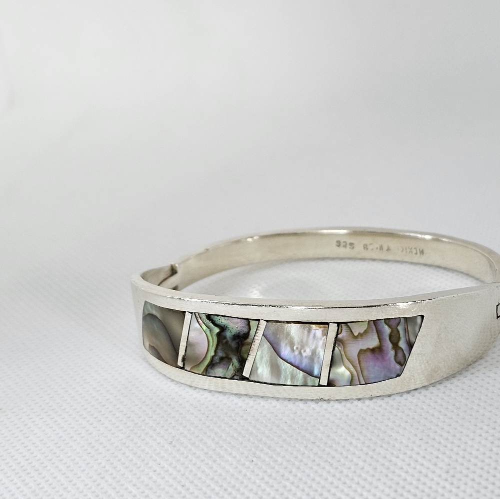 Gorgeous Vintage Abalone Inlaid Hinged Bracelet Sterling Silver! 43.3 Grams - Picture 7 of 9